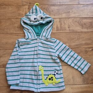 Pekkle Baby Boy’s Grey Green Striped Dinosaur Hoodie – Size 12M (Fits Small)